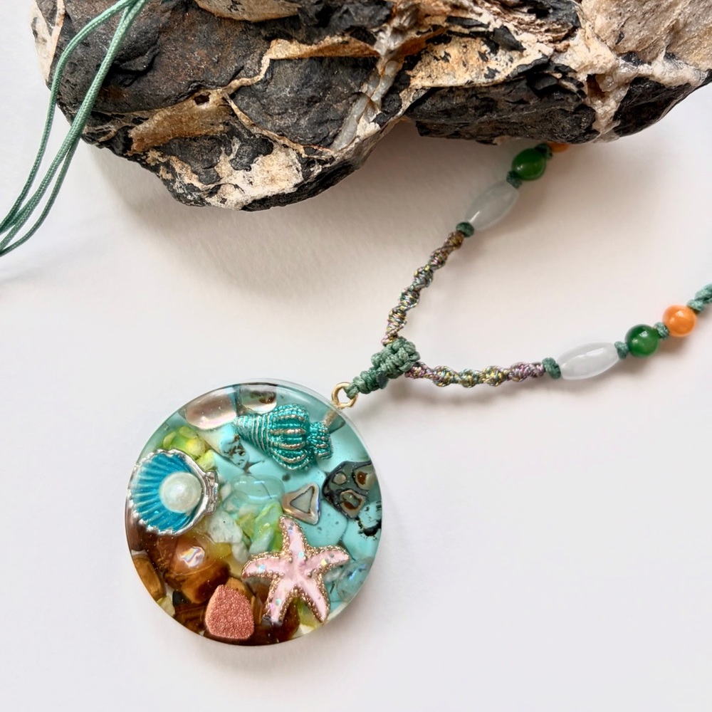 Oceanic vacation necklace with conch, starfish, turquoise tiger eye